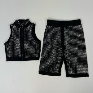 Rhinestone Black Zip Up Tank & Biker Short